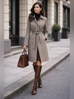 CAbi Women's Tan Red Brown Green Houndstooth Plaid SHERLOCK Trench Coat L